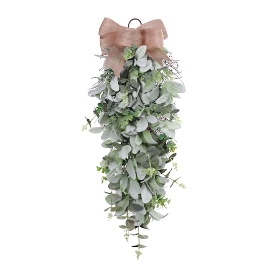 30" Lamb's Ear & Greenery Teardrop Swag with Bow